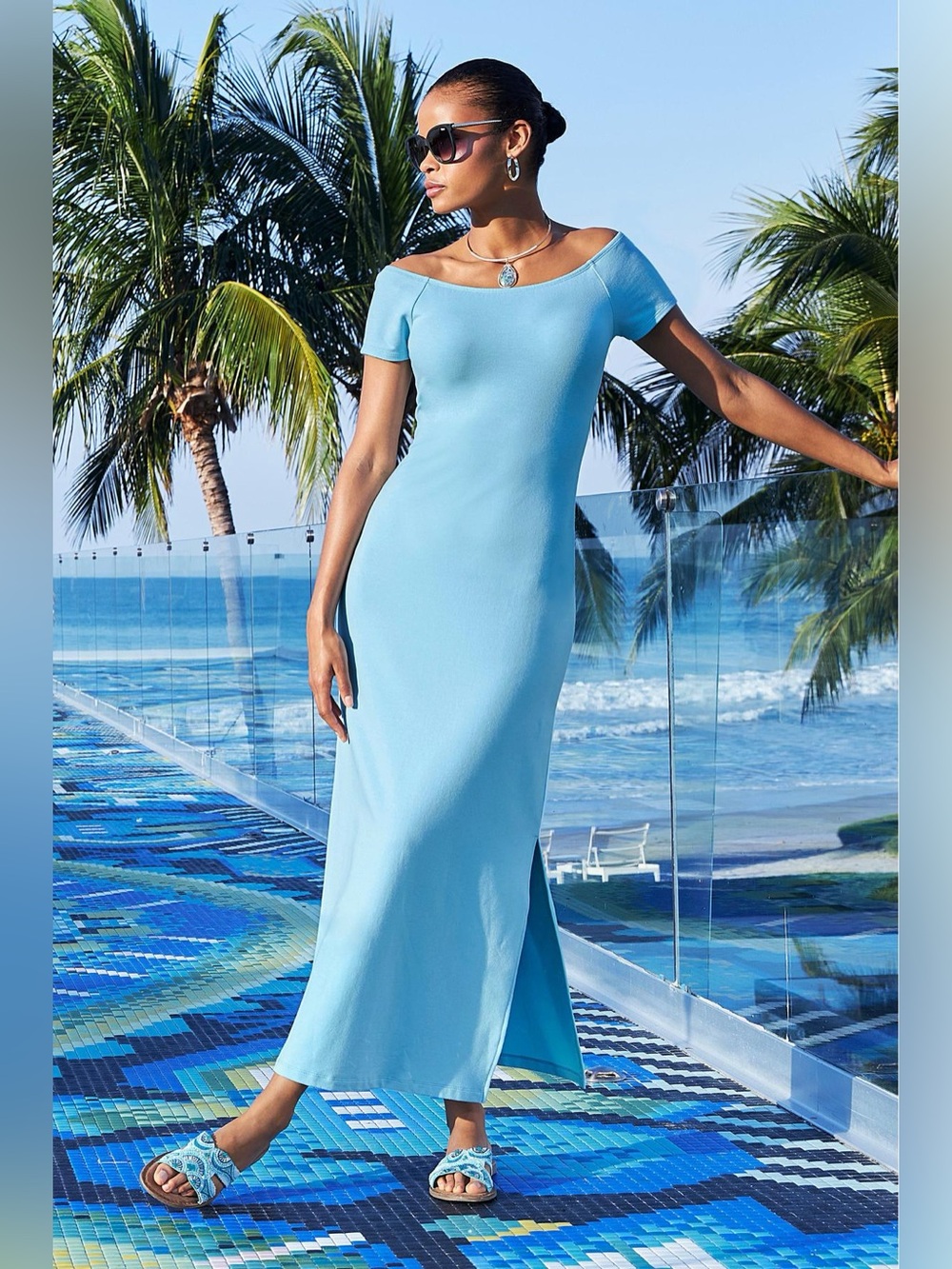 Boston Proper off the shoulder short sleeve maxi dress airy blue medium
